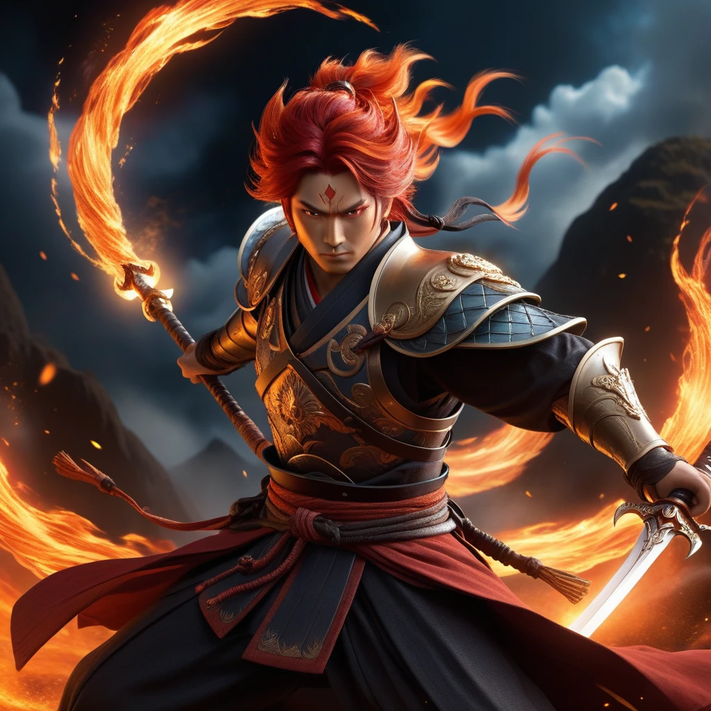 "Create a breathtaking, highly detailed illustration of Kaze no Hikari, a mystical warrior inspired by fire, supernova, and wind. Kaze has fiery red hair flowing like flames and eyes that shimmer with the intensity of a supernova. He wears a blend of traditional warrior garb and modern elements, featuring swirling patterns of wind and flames. His armor is lightweight yet durable, designed for maximum agility. Kaze wields dual swords blazing with the intensity of a supernova, and the background should depict a dramatic scene with fiery whirlwinds and cosmic energy. The atmosphere should capture Kaze's balance between the fierce power of fire and the graceful force of wind, highlighting his passionate and determined nature.