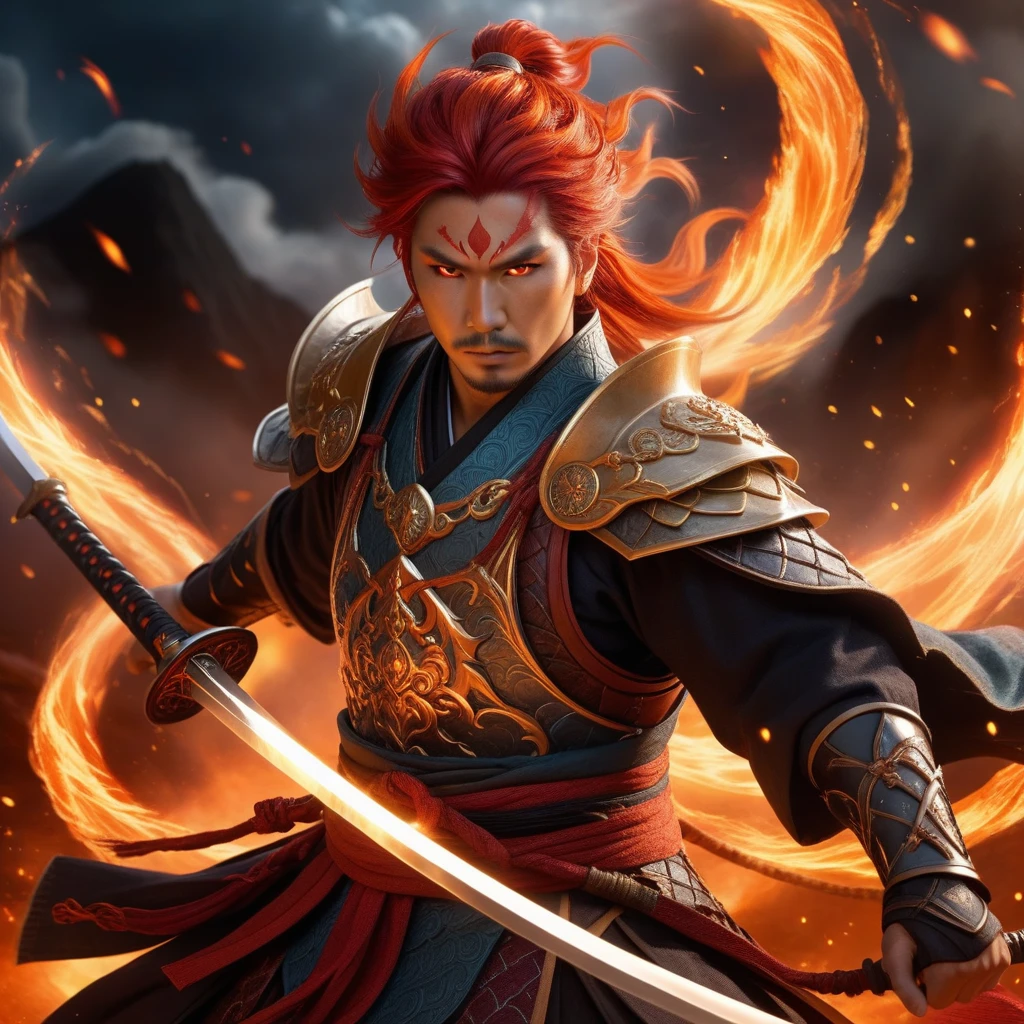 "Create a breathtaking, highly detailed illustration of Kaze no Hikari, a mystical warrior inspired by fire, supernova, and wind. Kaze has fiery red hair flowing like flames and eyes that shimmer with the intensity of a supernova. He wears a blend of traditional warrior garb and modern elements, featuring swirling patterns of wind and flames. His armor is lightweight yet durable, designed for maximum agility. Kaze wields dual swords blazing with the intensity of a supernova, and the background should depict a dramatic scene with fiery whirlwinds and cosmic energy. The atmosphere should capture Kaze's balance between the fierce power of fire and the graceful force of wind, highlighting his passionate and determined nature.