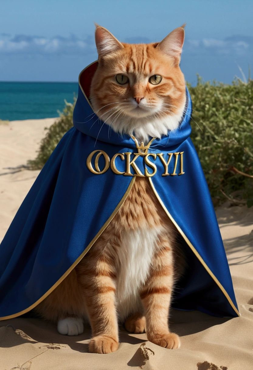 (best quality, 4K , 8k , A high resolution written "OCKSYI" on the cape),ultra detail, fantasy background, (Realistic,photorrealistic,photo-realistic:1.37), cat, wearing cape, written "OCKSYI" in the cape, (OCKSYI on cape) detailed written