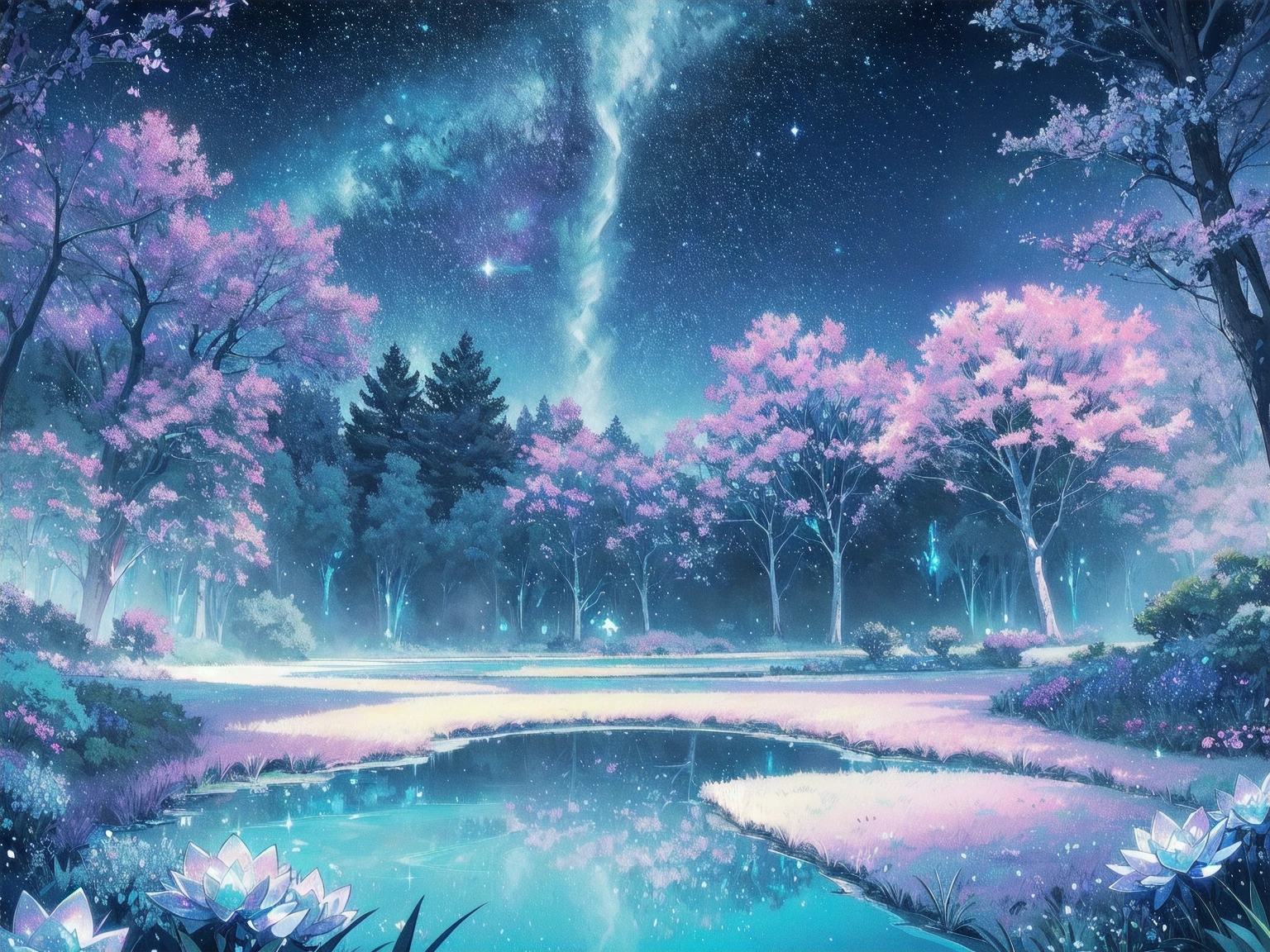 Mystical landscape with ((luminous starry blue and white flowers emitting light particles surrounding pond)),softly glowing erflies, single beautiful vivid purple sakura tree, (((unique view with extremely vivid multicolors without any people))), {extremely detailed 16k CG unity wallpaper}, expansive natural landscape photography, (wide open field view), (low angle shot),complex details, (iridescent colors: 1.6), (dark night lighting), (atmospheric lighting), Dreamy, unique, no people, reflections perfect,(no humans),landscape only, pixiv_fantasia,((starry glittering pond,water filled with shimmering stardust)),dark night
