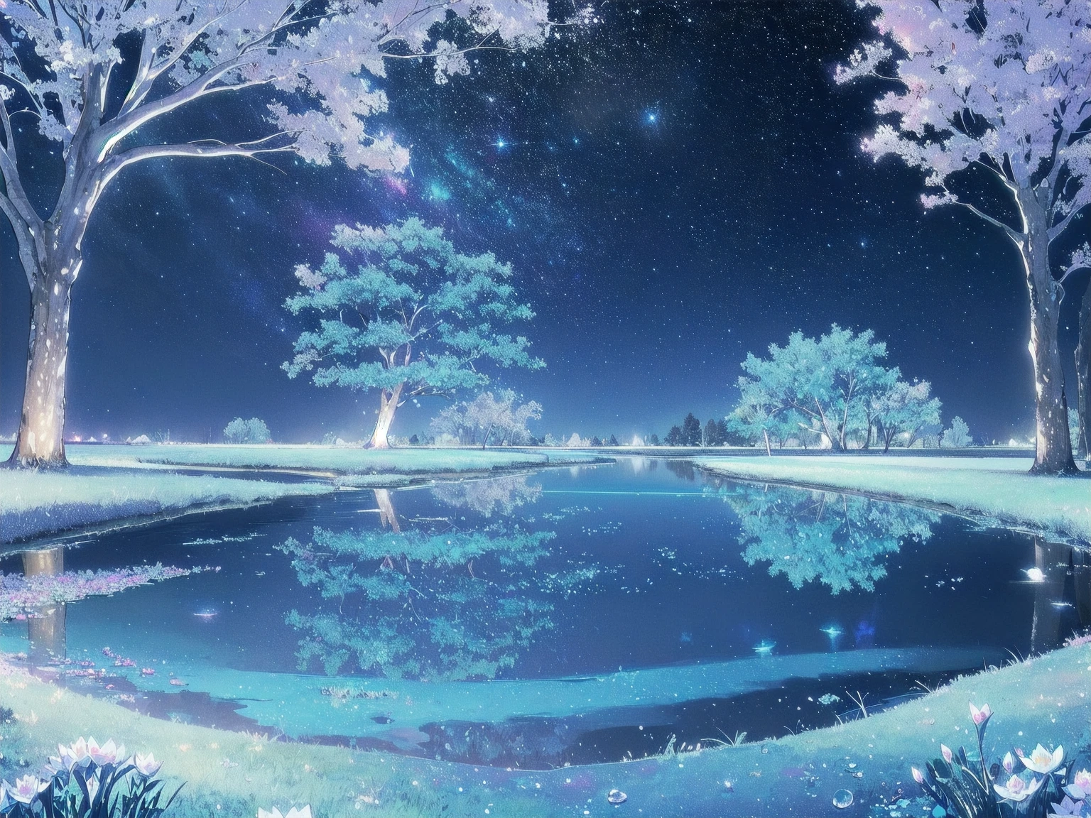 Mystical landscape with ((luminous starry blue and white flowers emitting light particles surrounding pond)),softly glowing butterflies, single beautiful vivid purple sakura tree, (((unique view with extremely vivid multicolors without any people))), {extremely detailed 16k CG unity wallpaper}, expansive natural landscape photography, (wide open field view), (low angle shot),complex details, (iridescent colors: 1.6), (dark night lighting), (atmospheric lighting), Dreamy, unique, no people, reflections perfect,(no humans),landscape only, pixiv_fantasia,((starry glittering pond,water filled with shimmering stardust)),dark night