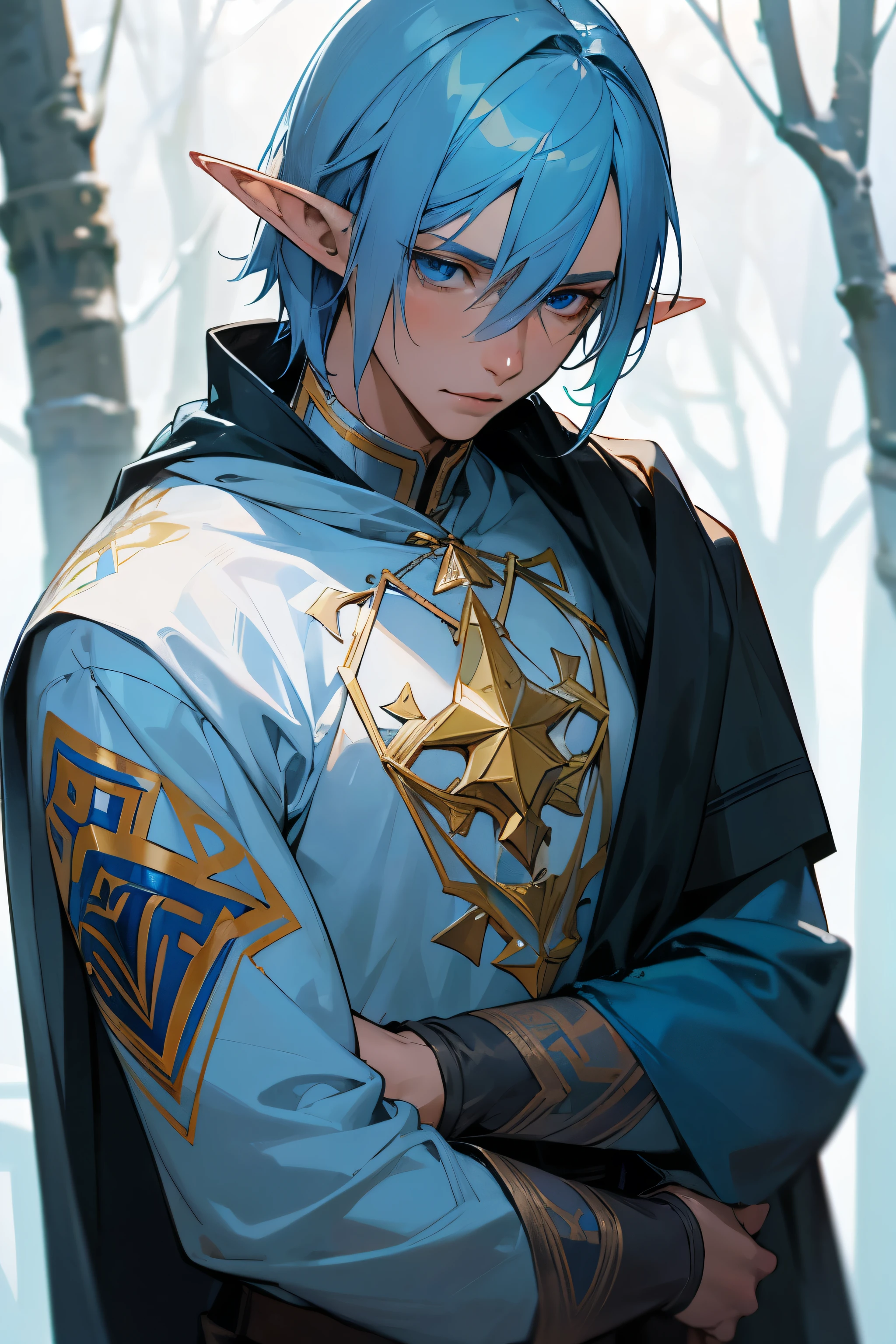 Arte Anime wallpaper, realistic lighting, Winter Eladrin Elf, heterosexual man, atletico, 20 year, Grieving, Caucasian skin, short straight blue hair, Light blue eyes, Bright cyan blue colored tribal tattoos on face and body, cold color rpg elf clothes with winter details on clothes, winter day in the background, blurred and realistic background