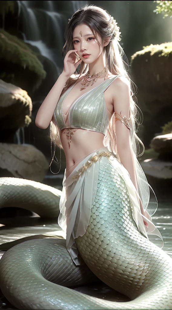 White Snake，((Best image quality, 8K, masterpiece:1.3)), Honey, Hair Bun，Hairpin，Slim abdominal muscles:1.3, (hairstyle, Leaking big breasts:1.2), Fairy，Delicate white snake scales:1.3, （Mermaid：1.2），（Elongated S-shaped white snake tail：1.3），Ultra-thin face, Delicate eyes, Double eyelids，Meticulous hands，Hand Strengthening，cold，elegant，（Transparent white tulle skirt:1.2），Many white tulle streamers，They want，Letter tattoo，antiquity，8K