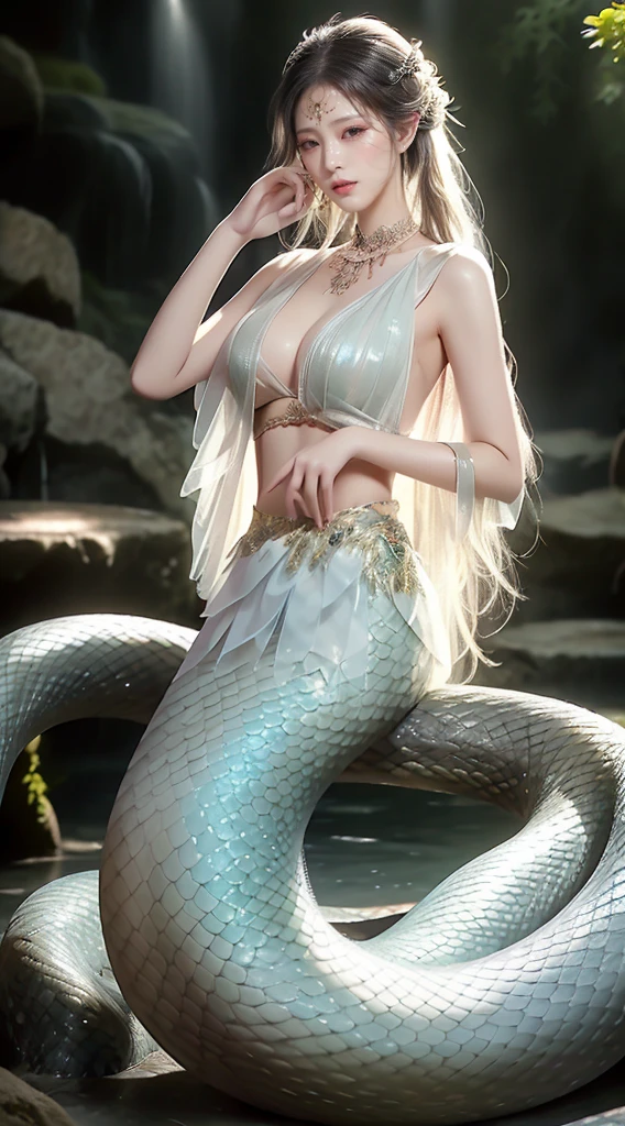 High detail、masterpiece、Perfect single tail、One girl, Lamia, scale,Bleached bra,Metal bellows、 whole body, Outdoor,mega twintails、Angle from behind、Hard snake scales