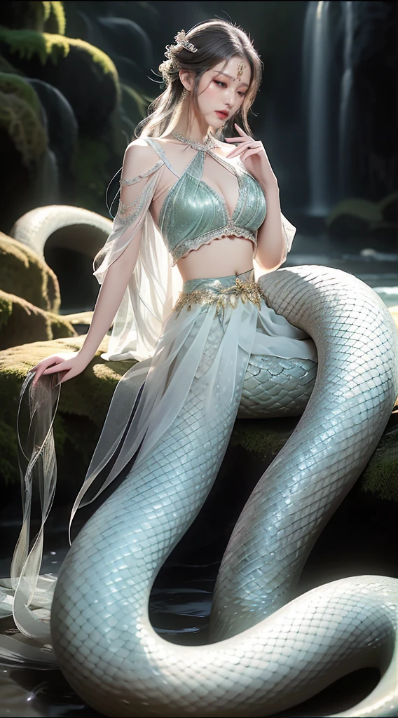 White Snake，((Best image quality, 8K, masterpiece:1.3)), Honey, Hair Bun，Hairpin，Slim abdominal muscles:1.3, (hairstyle, Leaking big breasts:1.2), Fairy，Delicate white snake scales:1.3, （Mermaid：1.2），（Elongated S-shaped white snake tail：1.3），Ultra-thin face, Delicate eyes, Double eyelids，Meticulous hands，Hand Strengthening，cold，elegant，（Transparent white tulle skirt:1.2），Many white tulle streamers，They want，Letter tattoo，antiquity，8K