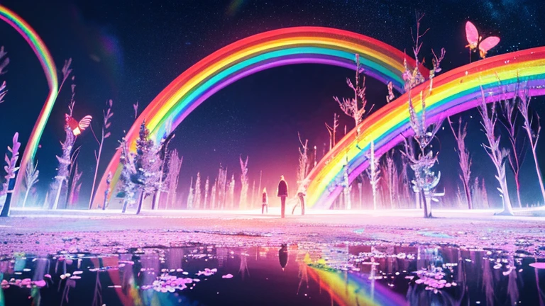 Mysterious Forest, With shining flowers, Colorful neon butterflies, Crystal clear water, Beautiful tree々, (((Individuality view with extremely vivid multicolors without any people))), {Highly detailed 16K CG unit wallpaper}, Vast landscape photography, (Wide open view), (Low angle shot), ( highlight: 1.4), (Low Light: 1.2), (Warm light source: 1.6), Intricate details, (Rainbow colors: 1.6), (Bright lighting), (Atmospheric lighting), dream-like, Individuality, unmanned, The reflection is perfect,(No humans),Landscape only,