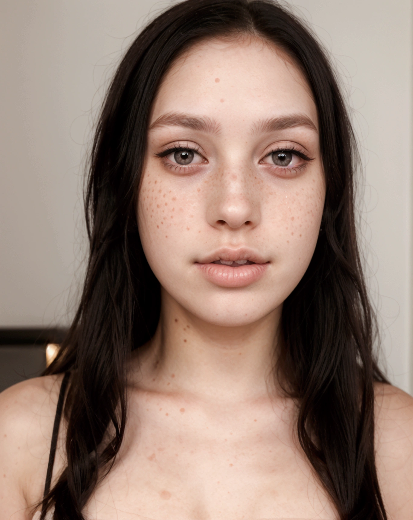 White girl, with straight black hair, eyes browns, pink mouth and freckles on the cheek 