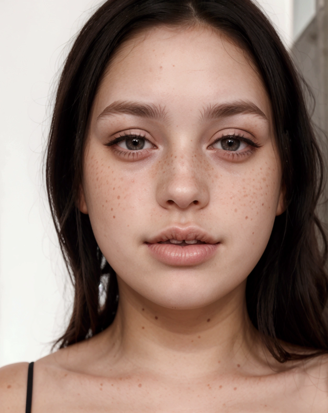 White girl, with straight black hair, eyes browns, pink mouth and freckles on the cheek