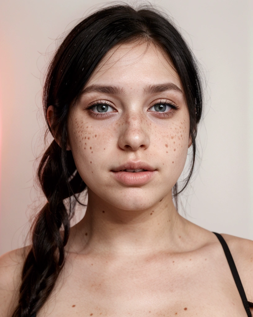 White girl, with straight black hair, eyes browns, pink mouth and freckles on the cheek