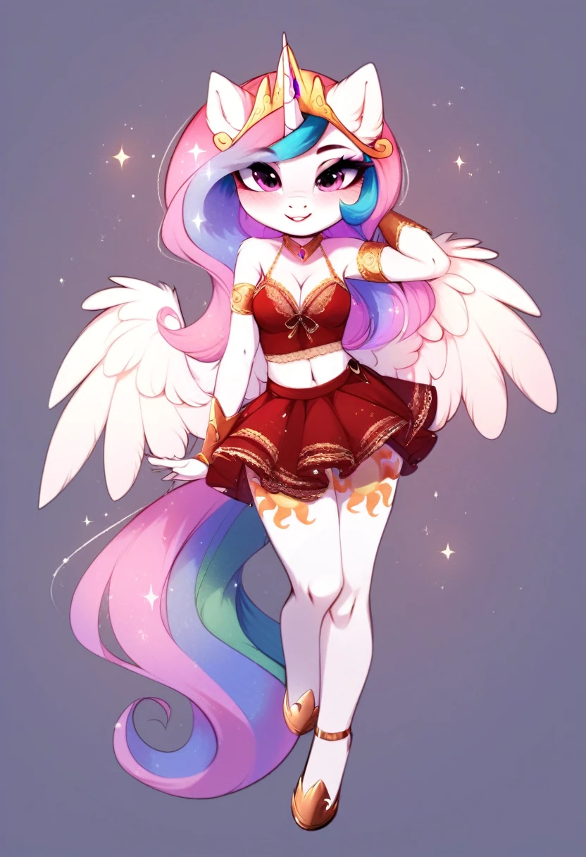 check_9, check_8_up, check_7_up, source_fluffy, rating_safe, from Magnaluna, Celestia poses seductively in a white bedroom, pink eyes, white body, anthro, blushing, wearing tight golden lingerie skirt, full body