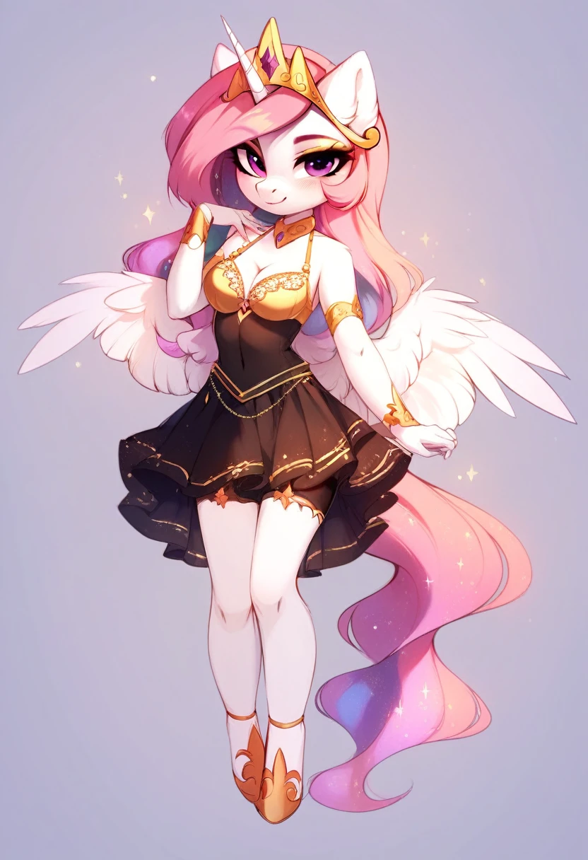 check_9, check_8_up, check_7_up, source_fluffy, rating_safe, from Magnaluna, Celestia poses seductively in a white bedroom, pink eyes, white body, anthro, blushing, wearing tight golden lingerie skirt, full body