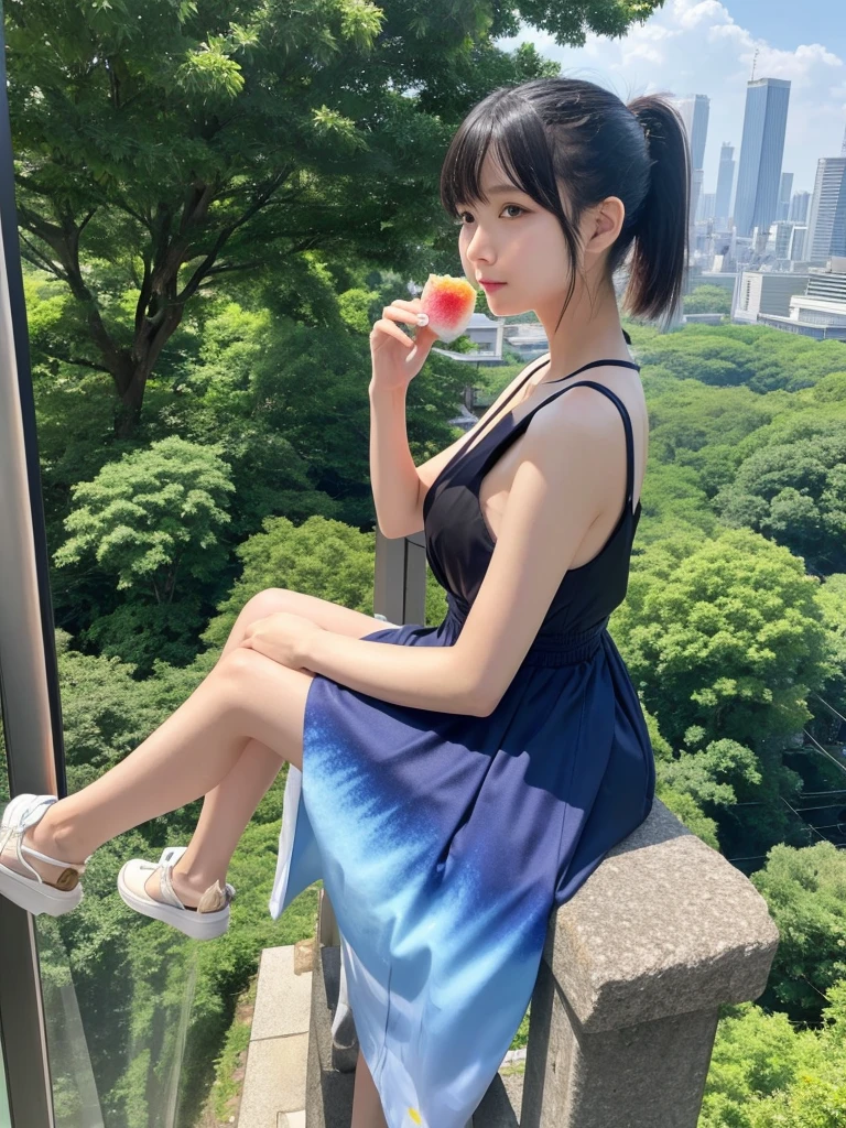 anime、masterpiece、Highest quality、Tokyo metropolitan area in summer、A girl with a gradient ponytail、shaved iceをスプーンを持って食べている、Summer gradient dress、The city overlooks the forest、shaved ice