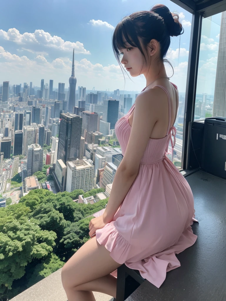 anime、masterpiece、Highest quality、Tokyo metropolitan area in summer、A girl with a gradient ponytail、shaved iceをスプーンを持って食べている、Summer gradient dress、The city overlooks the forest、shaved ice