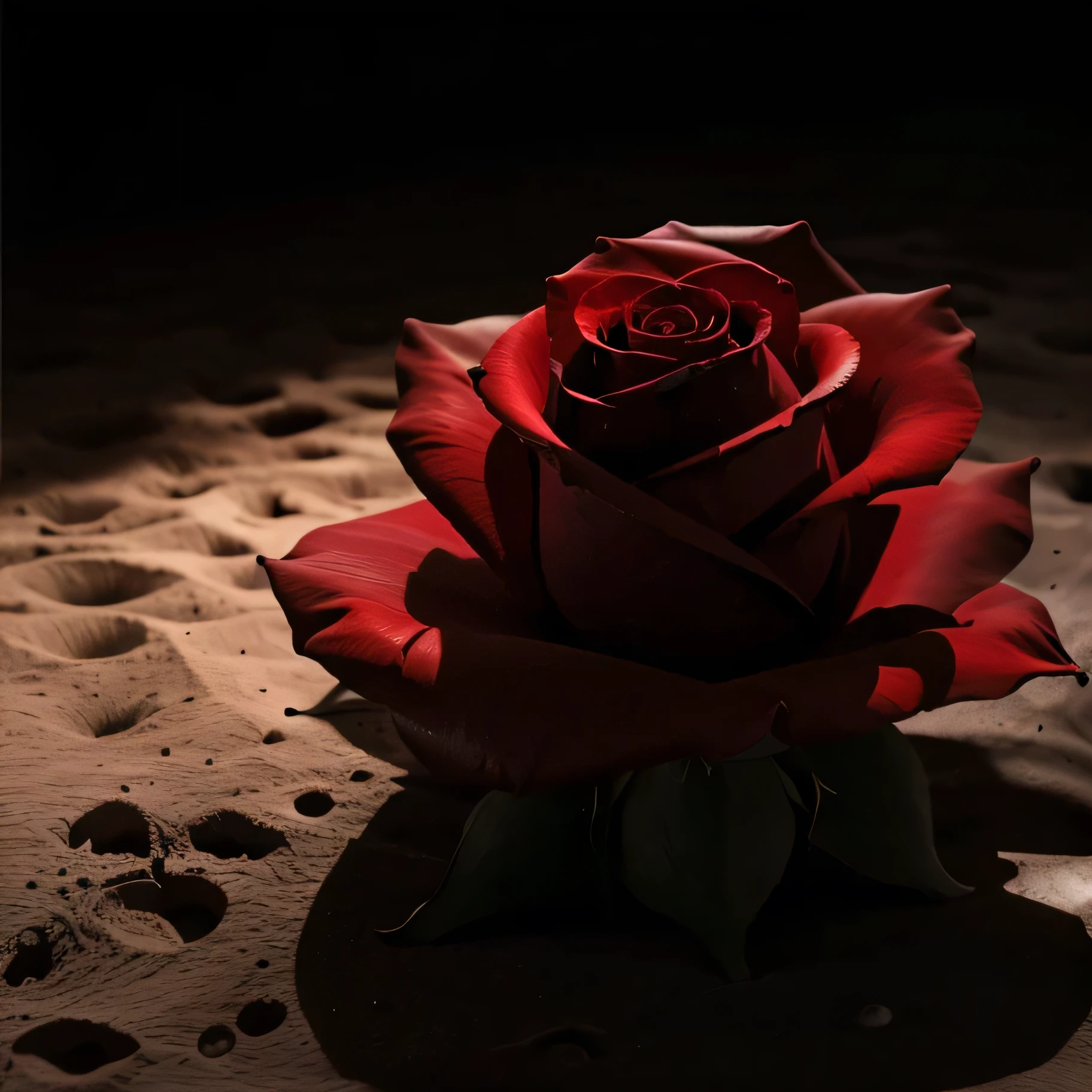 tmasterpiece,Best quality at best,extremly intricate,A red rose grows on the surface of the moon,Realistic light and shadow,full bloom,cinematic lighting, ray tracing, chiaroscuro, depth of field, macro photo high speed