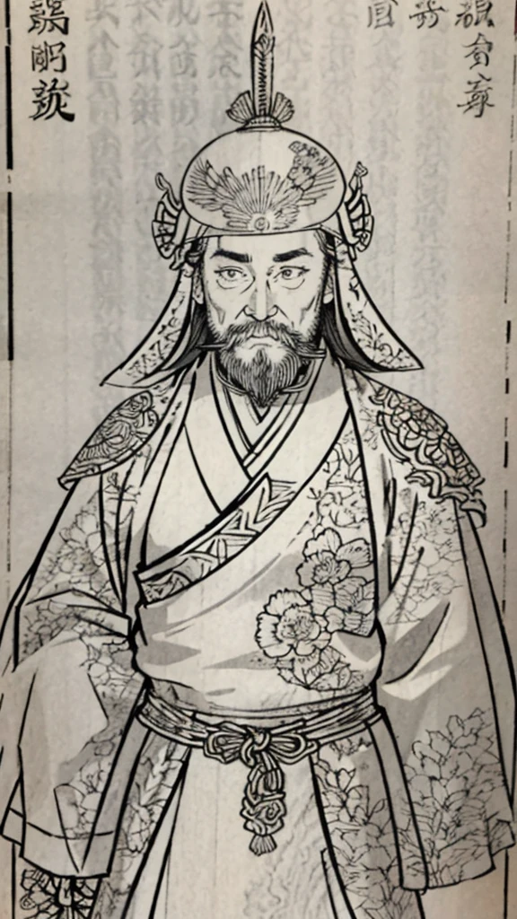 （（Ink painting））、（（（Monochrome）））、（（Men in ancient China））、（ancient chinese met）、Beard、Highest quality、masterpiece、Ultra-high resolution、(Realistic:1.4)、Game Poster、Three Kingdoman with a beard,Oriental、Three Kingdoms演義に見られるように々military commander、Crisp and beautiful image quality、whole body ,(Metal Armor, metal dragon head on the shoulder, Holding a sword, (Metal Armor with intricate pattern:1.2), gloves, Long trousers, (Very detailed, bloom:1.5), (Highest quality, Concept Art, 4K), (analog:1.2), (high sharpness), (Detailed pupil:1.1), , Detailed face and eyes, masterpiece, Highest quality, (Very detailed写真:1.1), 8k, photoRealistic, (PurerosFace_v1:0.2), [:(Detailed face:1.2):0.2], sharp, Realistic Shadow, 