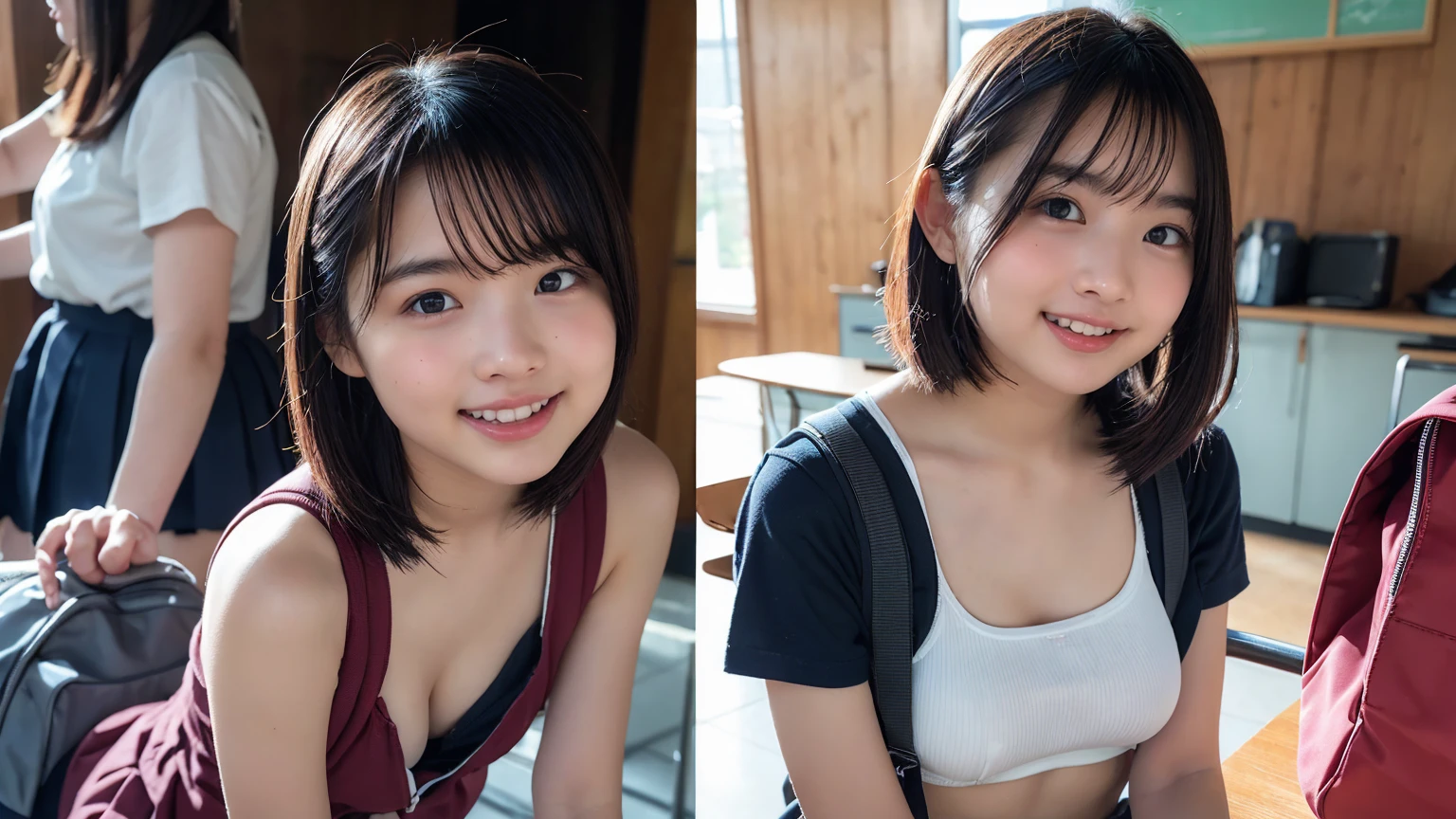(2Split Photo:1.3)、Magazine Cover:1.3、Japanese,,Innocent face,Teenage Girl,cute,Primary schomentary school,uniform,Cack,Summer clothes,Sitting、front、Cute smile、Laugh with your mouth wide open、Mouth full of semen、Thick semen、whole body、Full Body、Semen dripping from the genitals、You can see the nipples、Not wearing a bra