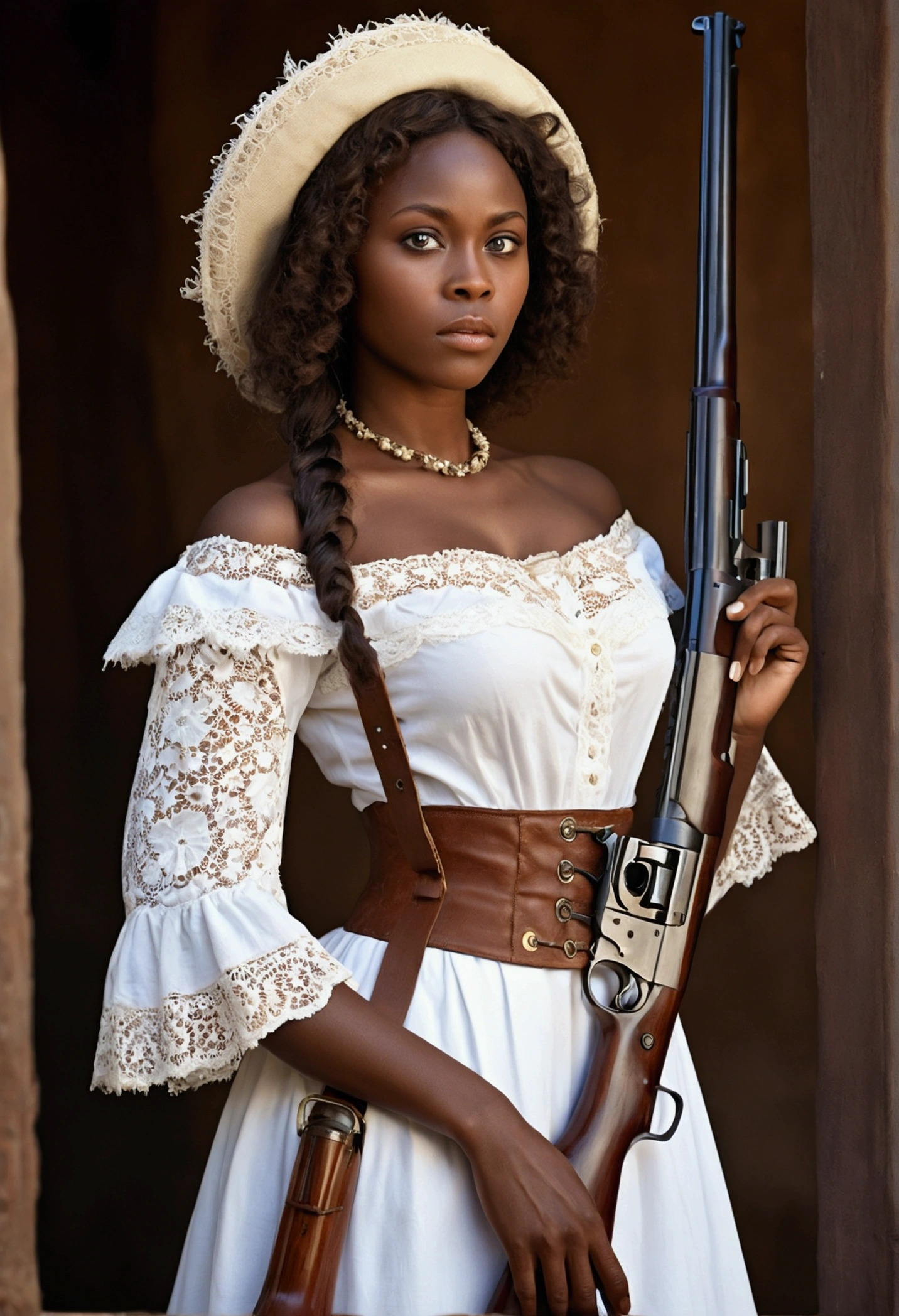 Wester movie cover, Ultrarealistic beautiful African woman, real colors, canon photography, darkskin, long hair, western film character, Sexy girl with brown eyes, ultra realist, meticulously detailed, wearing period clothes with white lace. she's holding a winchester rifle. She is African with slanted eyes but she is African, negroide.