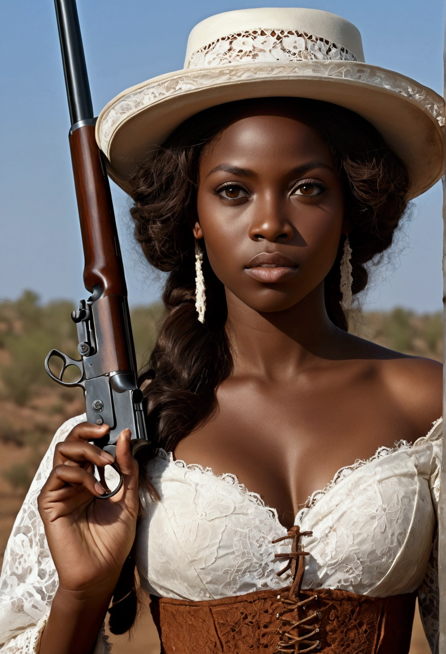 Wester movie cover, Ultrarealistic beautiful African woman, real colors, canon photography, darkskin, long hair, western film character, Sexy girl with brown eyes, ultra realist, meticulously detailed, wearing period clothes with white lace. she's holding a winchester rifle. She is African with slanted eyes but she is African, negroide.
