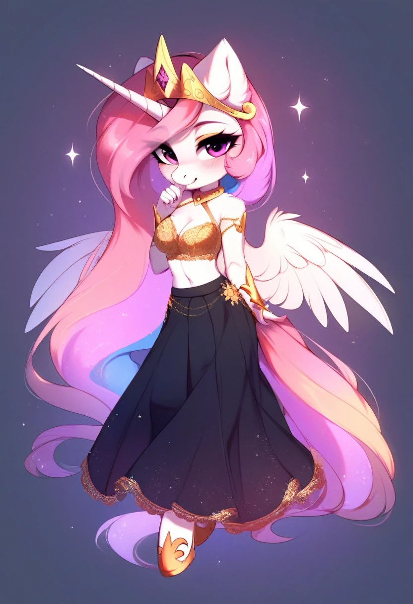 check_9, check_8_up, check_7_up, source_fluffy, rating_safe, from Magnaluna, Celestia poses seductively in a white bedroom, pink eyes, white body, anthro, blushing, wearing tight golden lingerie skirt, full body