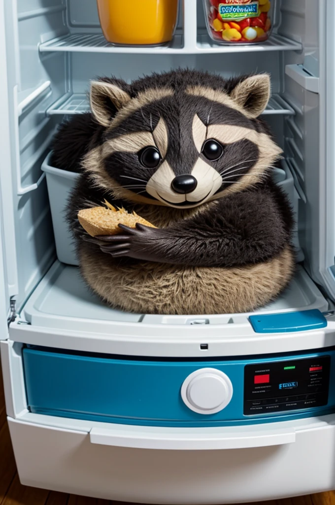 A stuffed raccoon (something similar to stich) inside a refrigerator 
