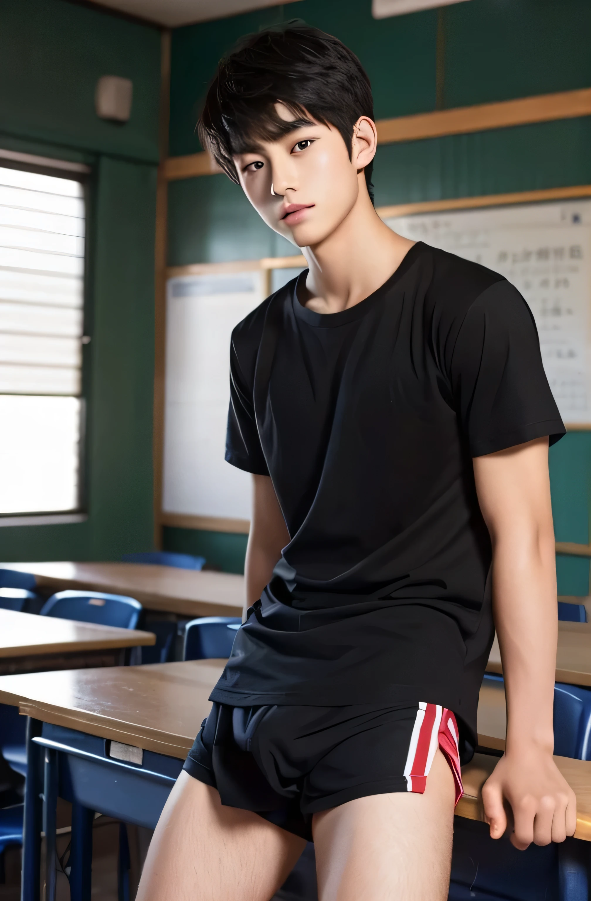 One boy、Beautiful Boy、18-year-old、Japanese Boy、Beautiful Boy、Black Hair、classroom、black boxer、naked top,