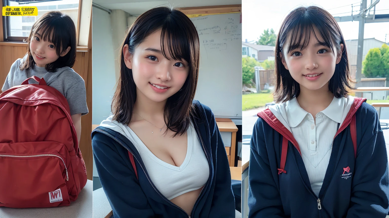 (２Split Photo:1.3)、Magazine Cover:1.3、Japanese,,Innocent face,Teenage Girl,cute,Primary schomentary school,uniform,Cack,Summer clothes,Sitting、front、Cute smile、Laugh with your mouth wide open、Mouth full of semen、Thick semen、whole body、Full Body、Semen dripping from the genitals、You can see the nipples、Not wearing a bra