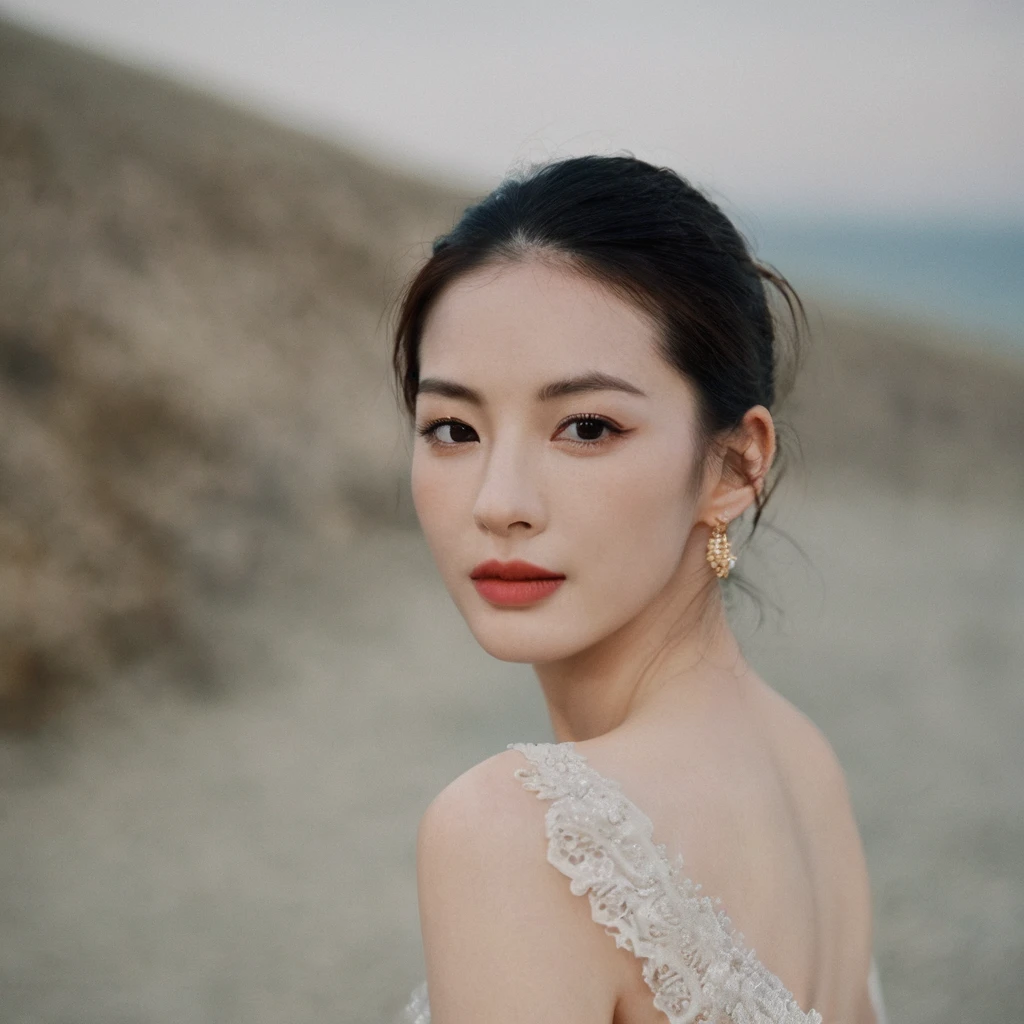 Closeup frontal angle portrait photo of a ginger young Korean woman, still from the film, ((solo)), (Anne Hathaway look alike face: 0.9), smiling, with Vintage-Inspired Makeup, Drawing inspiration from past eras, often featuring winged eyeliner, red lips, and soft, romantic shades, clean background, Leica SL3, Summicron-SL 75 f/2 ASPH, kodak gold 200 film, bare shoulder, dynamic action pose,