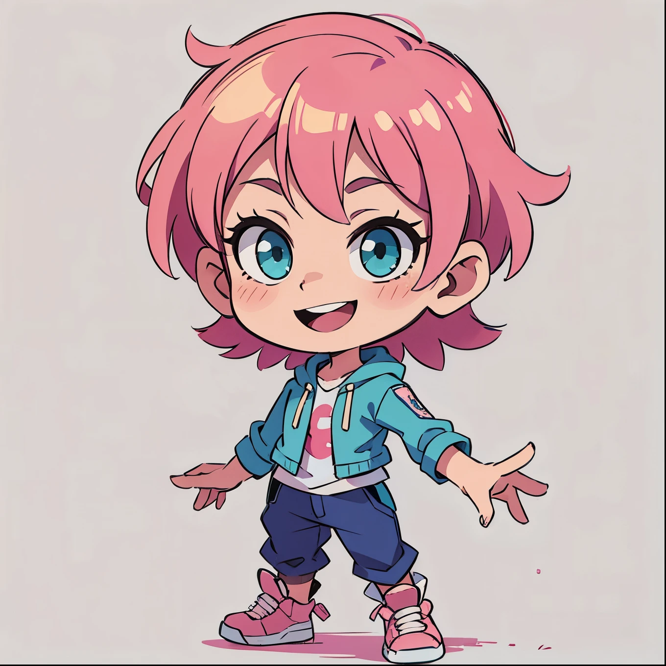 Cool smile、Pink hair、short hair、Blue-green eyes、Simple clothes