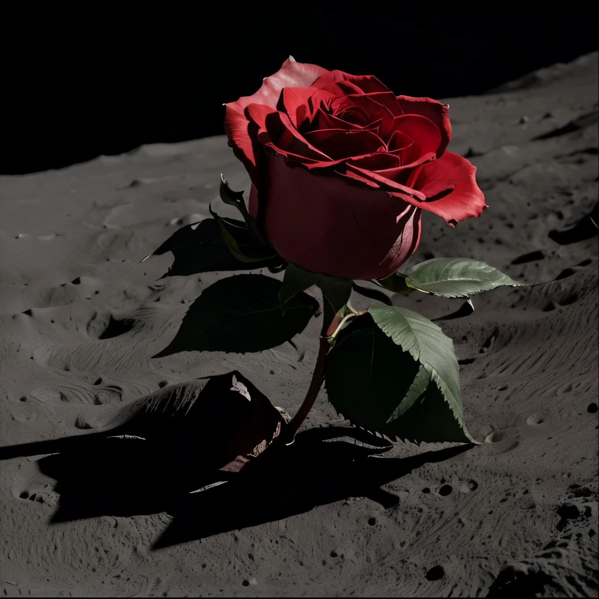 tmasterpiece,Best quality at best,extremly intricate,A red rose grows on the surface of the moon,Realistic light and shadow,full bloom,cinematic lighting, ray tracing, chiaroscuro, depth of field, macro photo high speed