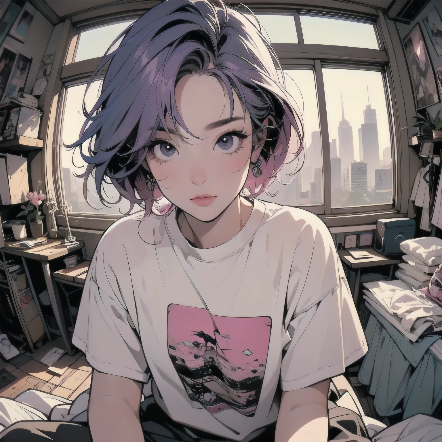 sitting on the couch in the living room、One woman, (((Perfect very beautiful face)))、(((東京のrooftopパティオ))), Japanese Apartment, rooftop, Cyberpunk settings, Old house. Lo-fi portrait by the window, Cozy place, Post-apocalyptic perspective, Cyberpunk Apartment, (((White T-shirt))), Mr.々Angle、(((Very dull color)))、(((mysterious)))、Pink Hair Color、Ultra detailed background、Detailed Hair、Cowboy Shot、(((Messy room)))、Foliage plant、flower、(((Fisheye Lens)))