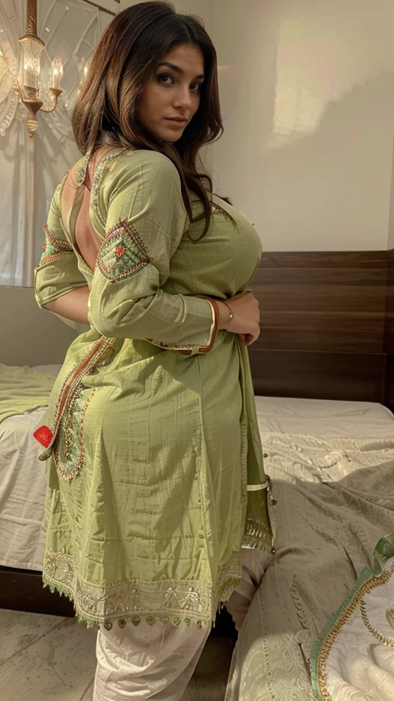 Generate a realistic, highly detailed 16k resolution image of a! ((Pakistan milf)) woman with facial features .Bikni . The kurta should have rich, different vibrant colors and detailed embroidery. The background should be simple and not distracting, focusing the viewer's attention on her face and attire. Ensure the lighting highlights the textures and details of both her face and clothing.(sharp), focus, full body, sexy hip, saggy breast, big breasts, cleavage, body type mixtures of Indian and Pakistan ,(plus size:1.3),back view, she rise leg on bed,she drop dress and show as project ass