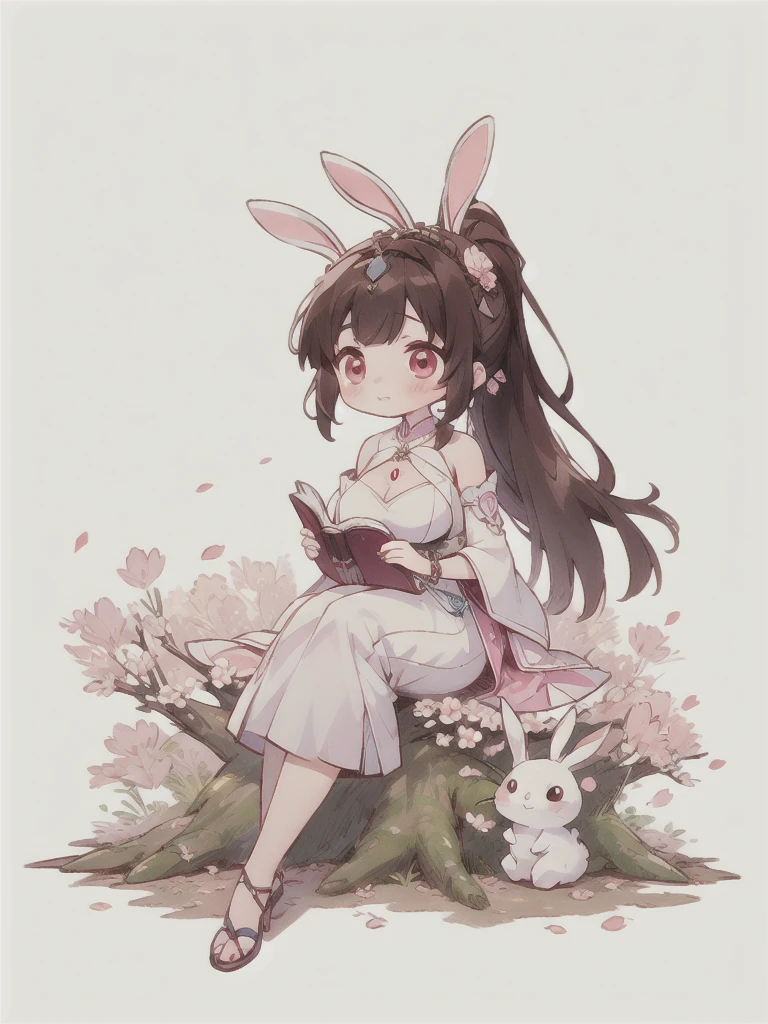 good quality, Cute light-skinned ,chibi anime,chibi, Long brown hair，High Ponytail，((A pair of bunny ears hair accessories)),Shouhui,cute，Pink Eyes,（((full body))），Sitting on a thick branch，forest，Big Tree，Reading，serious，revel，独奏，Falling pink petals，White long skirt，revel,Long skirt，Silver pattern，1girl,Bare legs,big breast,cleavage，Bright colors，Solid color background,Black edge line，White background，Solid color background，jewelry，Jewelry