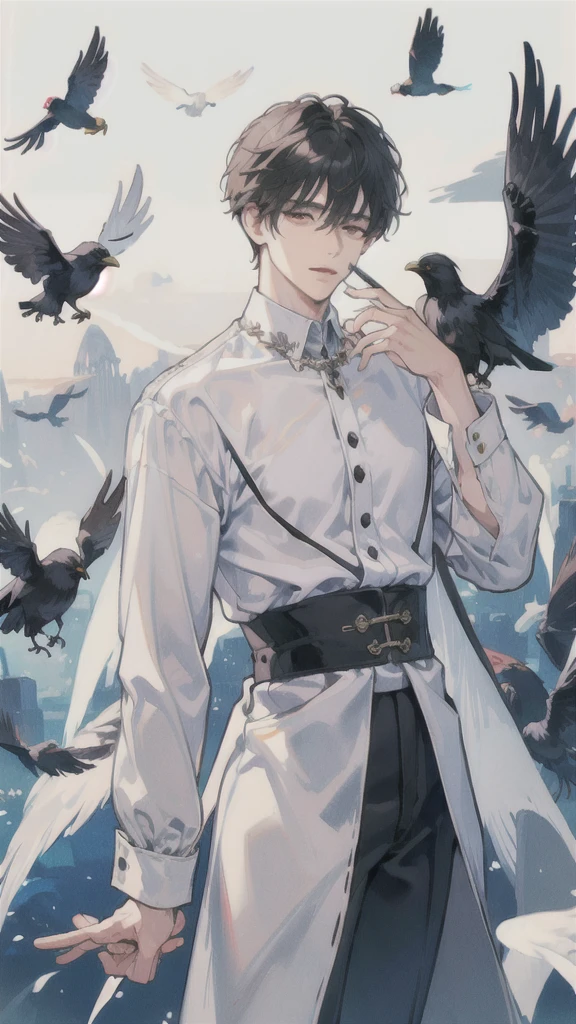 man, side face, wings white behind him, angel, hand on his head, evil, crows
