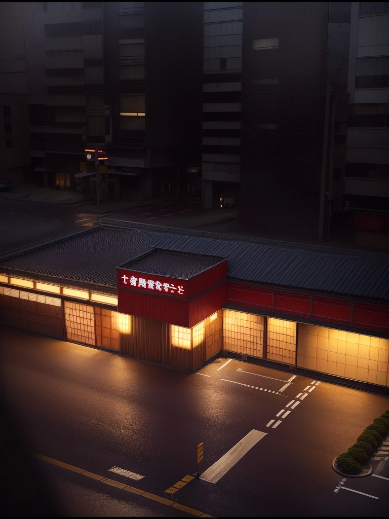 Restaurant((Japan style)),((best quality)), real world location,((street )),realistic, high detailed, (indoor) ,indoor lighting,human, ((town background)), wall, road, window, day time,door, center composition,parking,car, sidewalk,3 points perspective,glass panel,billboard