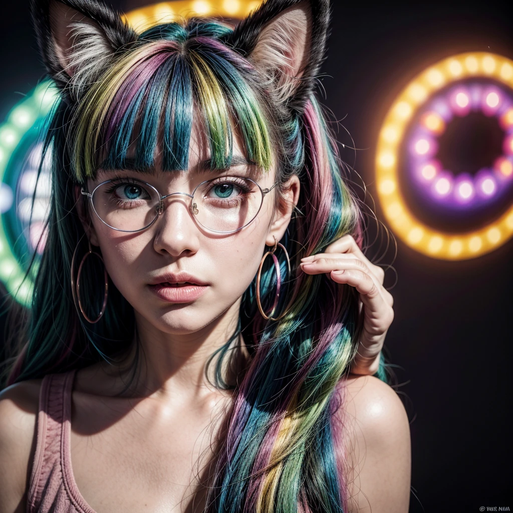A vibrant punk psychedelic cat, adorned in sunglasses and hoop earrings, exudes an eccentric charm. The feline's fur is a riot of neon hues, with streaks of pink, blue, and green, creating a kaleidoscopic effect. Its round, oversized sunglasses reflect swirls of hypnotic patterns, enhancing its rebellious aura. The hoops earrings dangle playfully, catching the light and adding a touch of whimsy. This stunning portrait, likely a digitally enhanced photograph, captures the cat's quirky personality with unparalleled clarity and creativity.