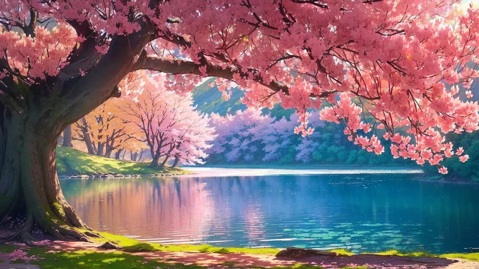 there is a painting of a tree with pink flowers by the water, pink tree beside a large lake, beatiful backgrounds, anime beautiful peace scene, cherry blossom forest, really beautiful nature, beautiful art uhd 4 k, beautiful nature, anime nature wallpap, beautiful background, nature scenery, anime nature, nature wallpaper, beautiful lake background, very beautiful photo, beautiful wallpaper