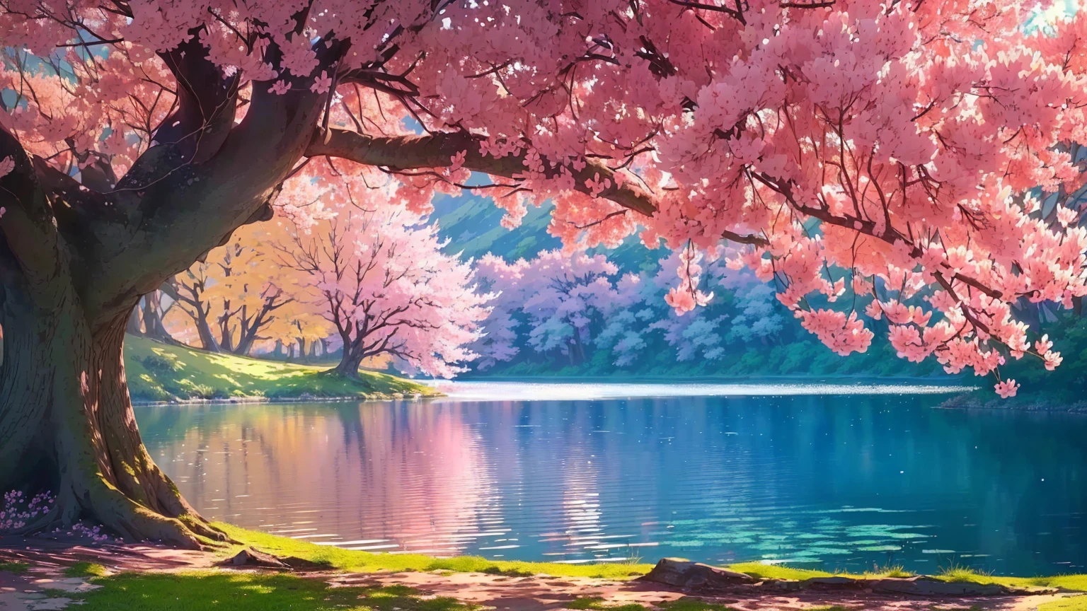 there is a painting of a tree with pink flowers by the water, pink tree beside a large lake, beatiful backgrounds, anime beautiful peace scene, cherry blossom forest, really beautiful nature, beautiful art uhd 4 k, beautiful nature, anime nature wallpap, beautiful background, nature scenery, anime nature, nature wallpaper, beautiful lake background, very beautiful photo, beautiful wallpaper