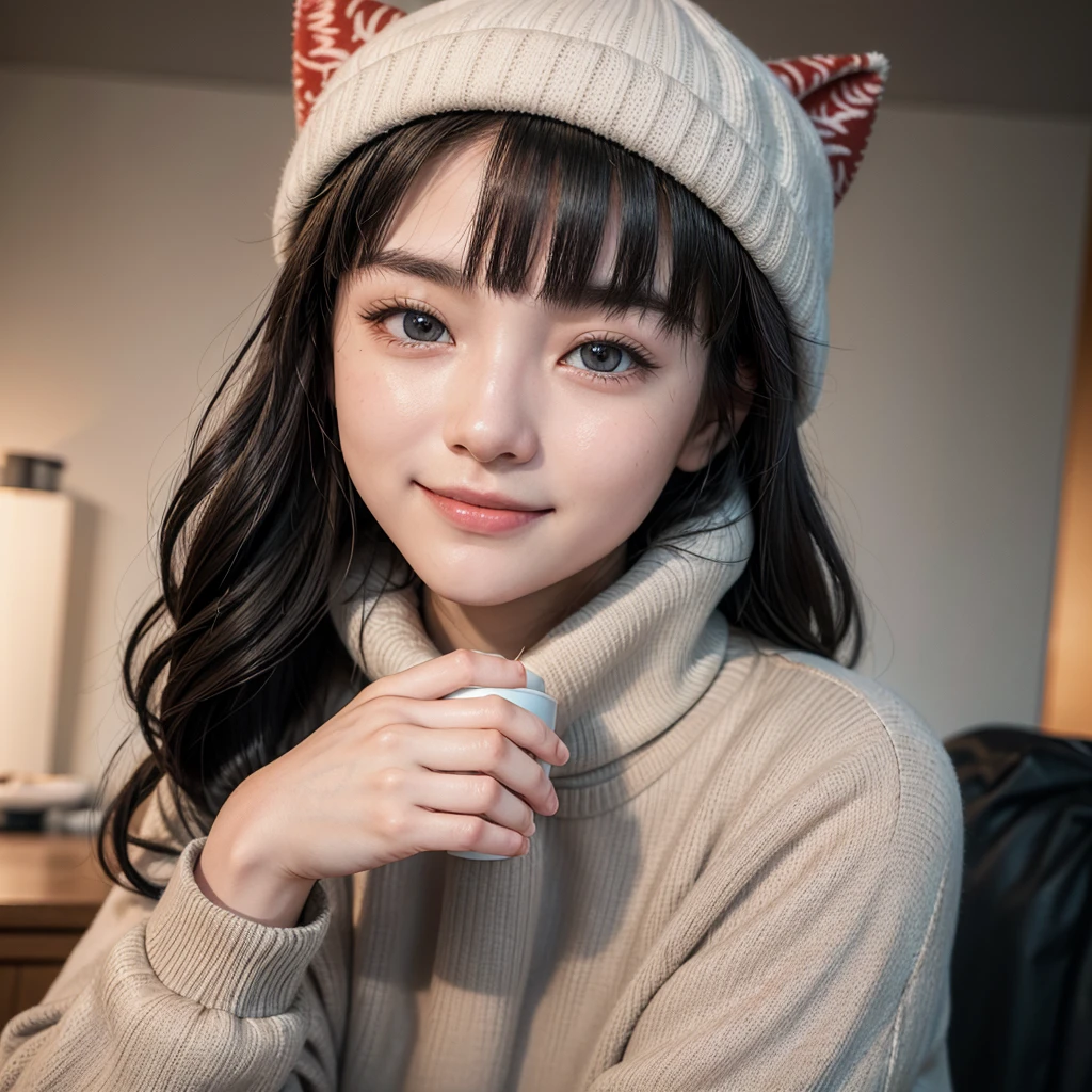 ((best qualityer)), ((work of art)), (detailded),cute japanese,((1 people)),alone,18 years old, ((porcelain cut white skin)),((black eyes)),(black long wavy hair,with bangs),((flushed skin)),,(Alone),(best quality: 1.4), (Ultra high resolution: 1.2), (photorealistic: 1.4), 8k resolution, , Absurd, ultra detailed, sharp focus, cinematic lighting, Detailed Beautiful Face,wearing a beige sweater, sweatpants,((red cap)),black cat ears,,drinking hot chocolate, little light in the kitchen, it's night, it's raining,smiling, happy face, cheerful countenance