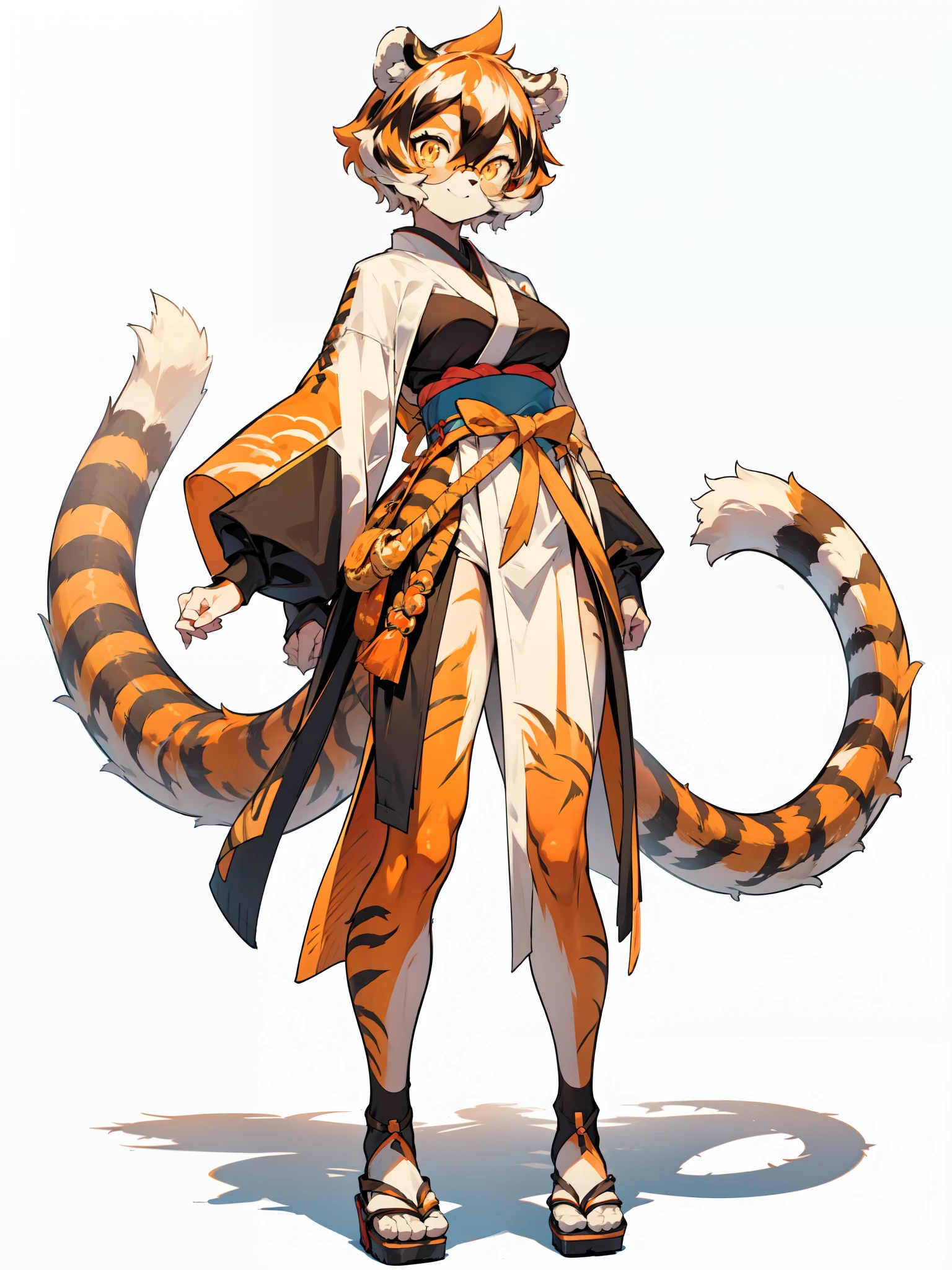 , score_9,score_8_up,score_7_up, kemono style, [Master Tigress], [Kung Fu Panda], red eyes, yellow sclera, tiger female, feminine, tall, skinny, hourglass figure, naked, barefoot, standing, simple background, wearing a kimono, skimpy kimono, kimono barely covering her, seductively modeling