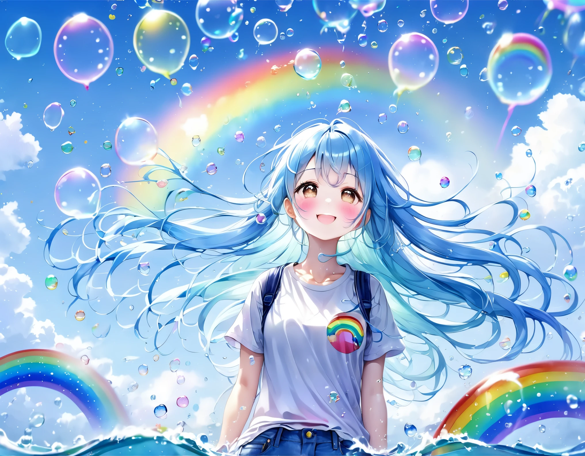 Xingqiu (masterpiece), (Highest quality), (Super detailed),(Light blue long hair),(figure), (One girl), Beautiful fine details,Delicate and beautiful face,smile、Looking up at the rainbow after the rain、Colorful rainbow bubbles、Jeans on a t-shirt、floating,(High saturation),(Colorful splashes),