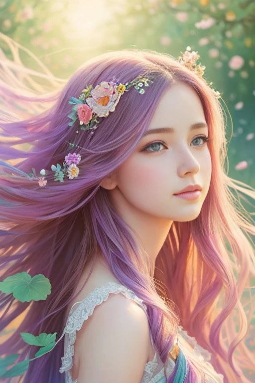 A whimsical girl with long flowing flower hair,dancing in a vibrant colorful field,dreamy watercolor painting,beautiful detailed eyes,beautiful detailed lips,extremely detailed face and portrait,intricate floral hairstyle,magical realism,natural lighting,pastel colors,soft focus,ethereal atmosphere,delicate brushstrokes,lush flora,impressionistic,romantic,fantasy,high quality