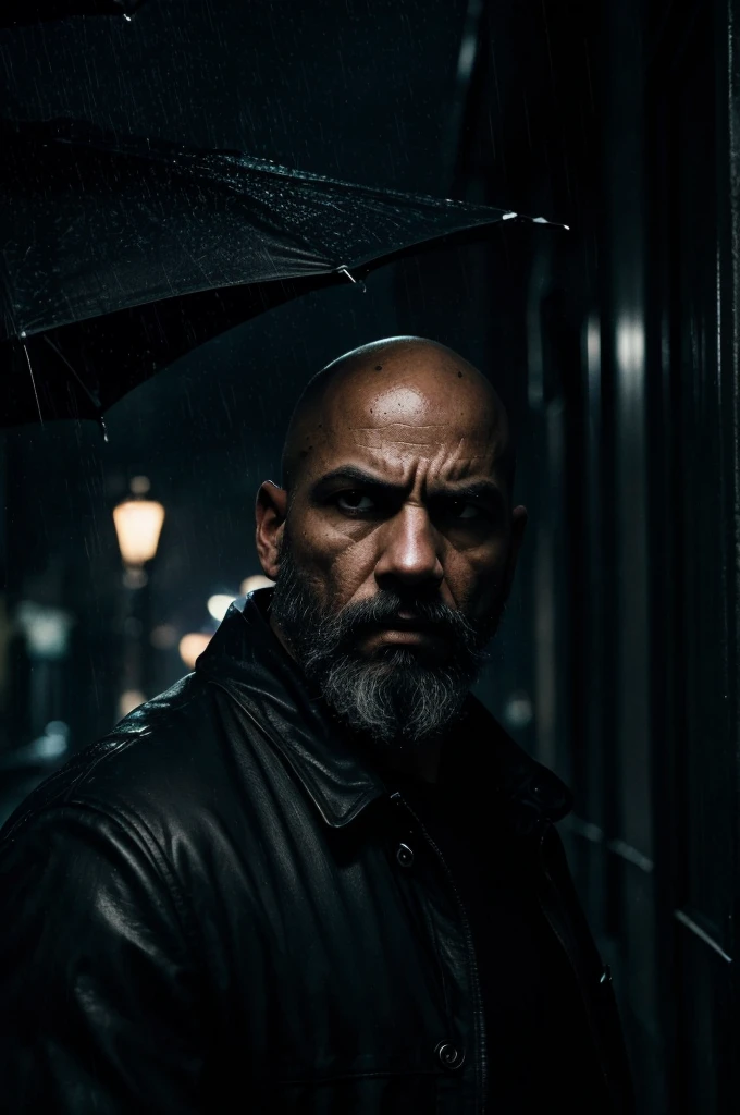 colbey:A bald man with a black scruffy beard:1.1) black clothes, new orleans, at night, bald head (intensely focused gaze, piercing eyes) (detailed facial features, defined nose and lips) (Threatening atmosphere) (dark shadows and dramatic lighting) (hight contrast:1.1) (gritty texture) (intense and suspenseful:1.1) (full of action) (dynamic composition) (cinematic vibe) (Shallow depth of field) (dramatic bokeh) (film noir style) (dark, moody color palette) (captivating and mysterious) (night setting) (Urban setting) (rain-soaked streets) (Tense and suspenseful atmosphere:1.1) (impacto emocional) (intense narrative) (provocative and thought-provoking) (impressive and impactful) (work of art:1.2), (high resolution:4K), (realisitic:1.37), (proffesional)