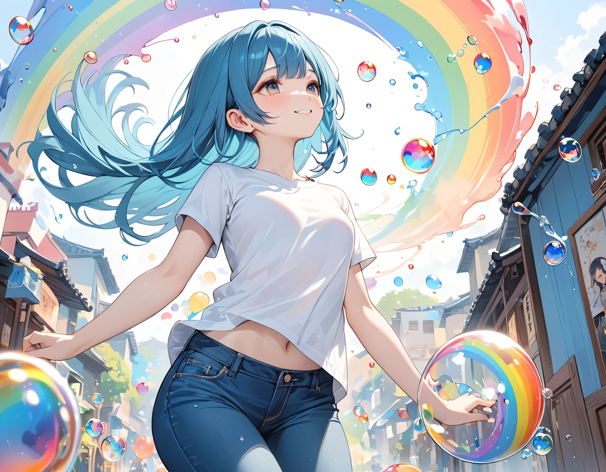 Xingqiu (masterpiece), (Highest quality), (Super detailed),(Light blue long hair),(figure), (One girl), Beautiful fine details,Delicate and beautiful face,smile、Looking up at the rainbow after the rain、Colorful rainbow bubbles、Jeans on a t-shirt、floating,(High saturation),(Colorful splashes),