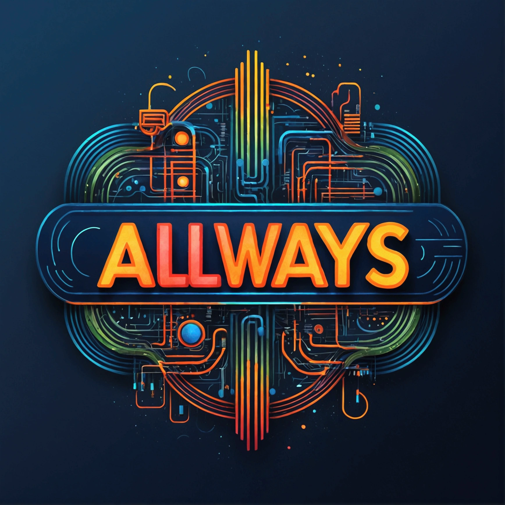 Create a futuristic design for the phrase: ''Always Innovate'', in a modern font and neon color scheme. Add a drawing of electronic circuits or abstract shapes around the phrase.""2D art, vector; shading and gradients, Art Nouveau, vibrant colors and synthwave. Vector design, thin lines, central composition, soft background, palette (dark blue, orange, red, olive green), watercolor logo style with patterned effect, monochrome background. of yukisakura, with original and incredible colors.