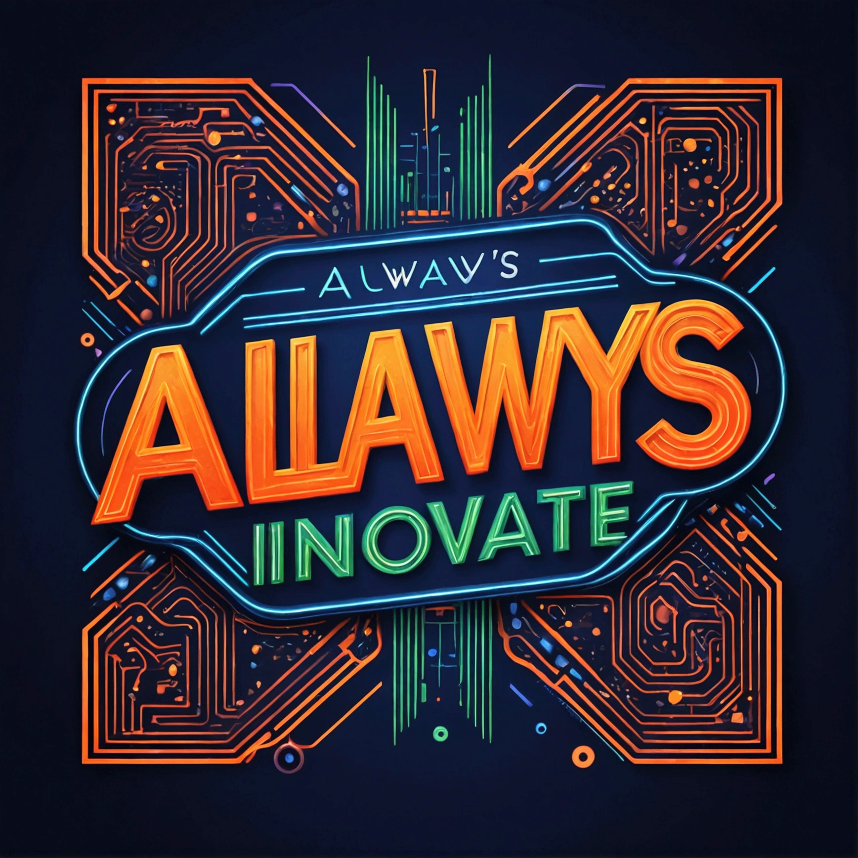 Create a futuristic design for the phrase: ''Always Innovate'', in a modern font and neon color scheme. Add a drawing of electronic circuits or abstract shapes around the phrase.""2D art, vector; shading and gradients, Art Nouveau, vibrant colors and synthwave. Vector design, thin lines, central composition, soft background, palette (dark blue, orange, red, olive green), watercolor logo style with patterned effect, monochrome background. of yukisakura, with original and incredible colors.