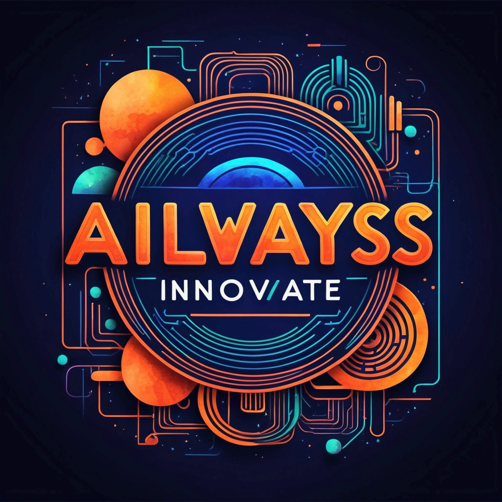 Create a futuristic design for the phrase: ''Always Innovate'', in a modern font and neon color scheme. Add a drawing of electronic circuits or abstract shapes around the phrase.""2D art, vector; shading and gradients, Art Nouveau, vibrant colors and synthwave. Vector design, thin lines, central composition, soft background, palette (dark blue, orange, red, olive green), watercolor logo style with patterned effect, monochrome background. of yukisakura, with original and incredible colors.