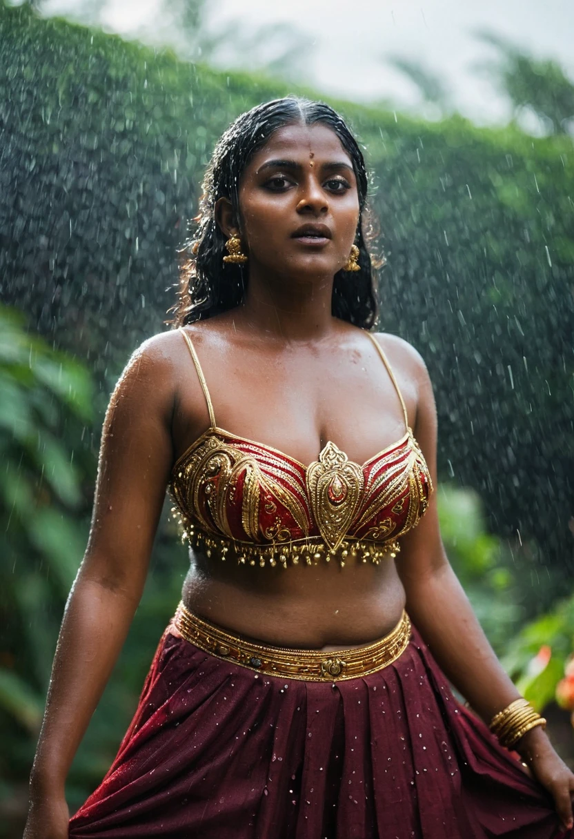 (((photo of a ancient kerala hindu alien goddess ))), (((black kali))) , legs wide open, sat atgarden, (((Half Body))), (((very dark skin))), (((age 18+))), (((((very dark nipple and areola))))) (((plus size chubby tall))), (((huge busty milky wet big massive boobs))), (((nude thick thigh))), (((ancient black mini skirt))), ((black skin dark body)), (((red ornaments))), (((depth of field))), ((( flame bokeh))), (((rain))), ((( flashing light leaks))), (((divine))), photorealistic,photo, realism, Getty Images, RAW candid cinema, 16mm, colour graded portra 400 film, remarkable colour, ultra realistic, textured skin, remarkable detailed pupils, realistic dull skin noise, visible skin detail, skin fuzz, dry skin, shot with cinematic,light leaks, RAW Image, DOF, depth of field,bokeh