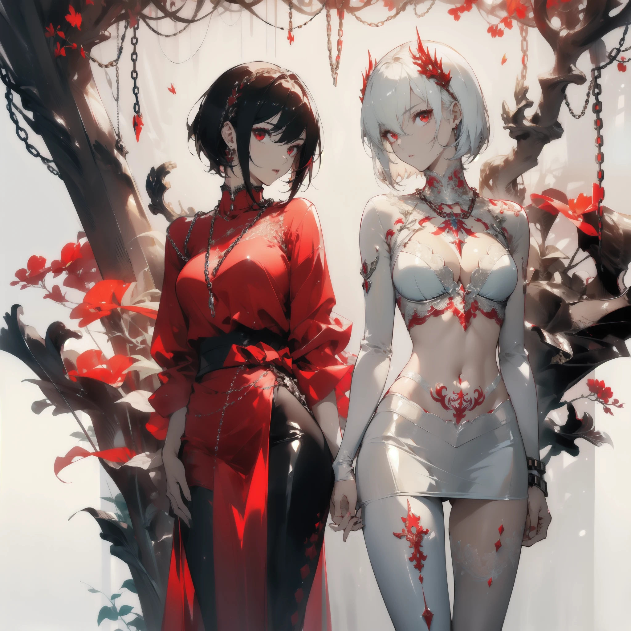 ((masterpiece, best quality)), Delicate face,knight,Standing picture,whole body,Perfect body proportions,Long legs,Handsome short hair,Nice red eyes,Fantasy style,White background,Extremely beautiful,transparent,Pure white armor,Sexy bikini,Flame Surround,chain,Tattoo,Lace,exposed