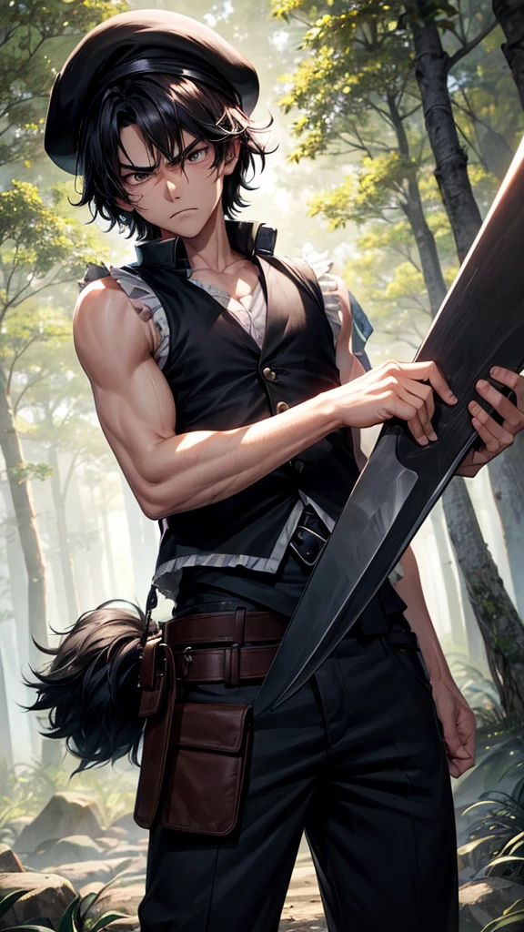 *Black shaggy-haired boy, Beret and black eyes, white skinned and a little angry, a pretty and tender face, black vest, with forest landscape at night and a machete in his arms*