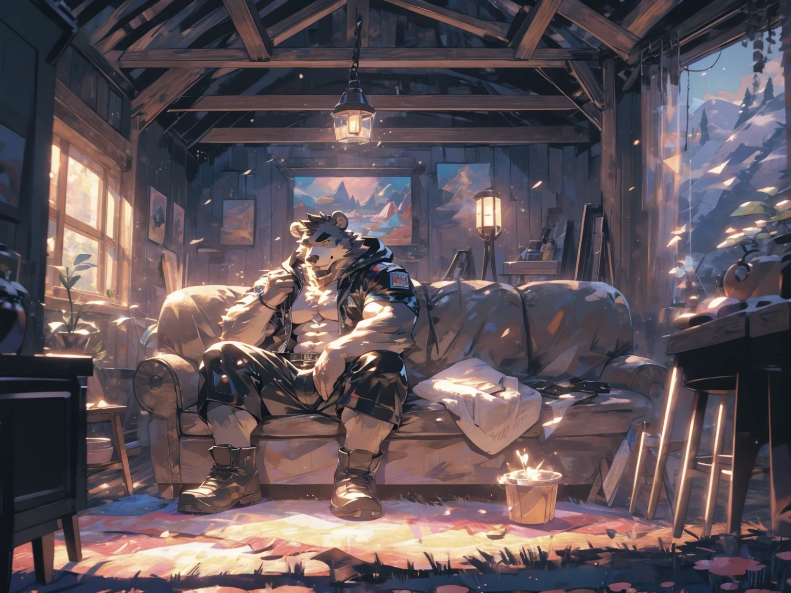 (masterpiece:1.2), best quality,pixiv,official art,perfect anatomy, (Ray tracing, light),solo, (1_male:1.3) , (muscle), (grey fur:1.4), (muscle bear), (beard:1.2), (gleaming golden eyes), bear tail, full body, Thick black eyebrows,(open hooded parka), (naked inside), (cargo shorts:1.2), boots, indoor, cabin , carpet , sitting on sofa , (lake land:1.3)